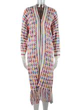 Load image into Gallery viewer, Kaleidoscope multi-color fringe hem maxi length open front cardigan