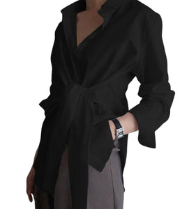 Button down front tie wrap long sleeve fashion blouse