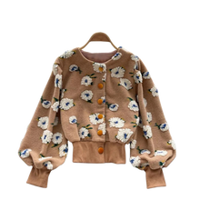 Load image into Gallery viewer, Floral appliqué single-breasted long sleeve bomber cardigan
