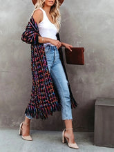 Load image into Gallery viewer, Kaleidoscope multi-color fringe hem maxi length open front cardigan