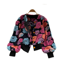Load image into Gallery viewer, Floral appliqué single-breasted long sleeve bomber cardigan