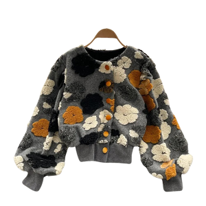 Floral appliqué single-breasted long sleeve bomber cardigan