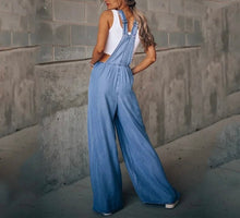 Load image into Gallery viewer, Gathered waist denim suspender overalls jumpsuit