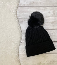 Load image into Gallery viewer, Ribbed cable knit faux fur pom/pom beanie