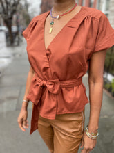 Load image into Gallery viewer, Cuffed cap sleeve wrap waist tie top