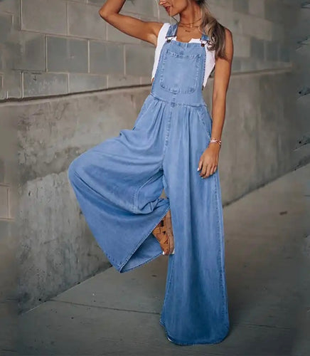 Gathered waist denim suspender overalls jumpsuit