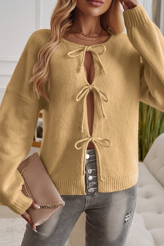 Round neck drop shoulder slouch sleeve ribbon tie cardigan
