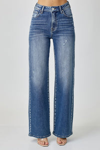 High rise wide leg light distressed side panel jeans