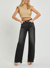 Load image into Gallery viewer, HIGH RISE wide leg frayed hem black jeans