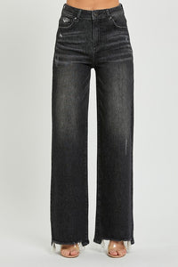 HIGH RISE wide leg frayed hem black jeans