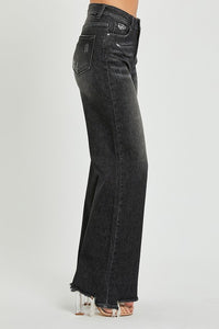 HIGH RISE wide leg frayed hem black jeans