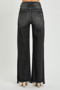 HIGH RISE wide leg frayed hem black jeans