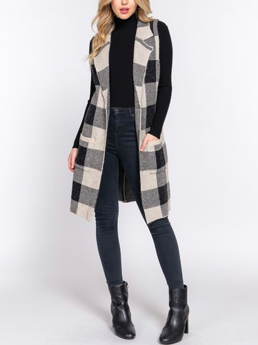 Notched collar buffalo plaid jacquard midi-length sweater vest