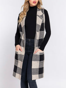 Notched collar buffalo plaid jacquard midi-length sweater vest