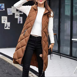 Mock (partial) hooded neck parka sleeveless maxi puffer jacket