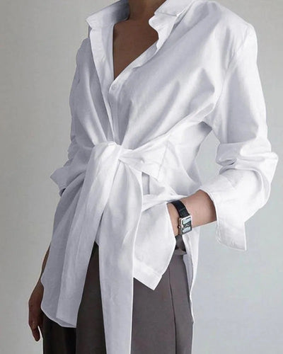 Button down front tie wrap cotton long sleeve fashion top
