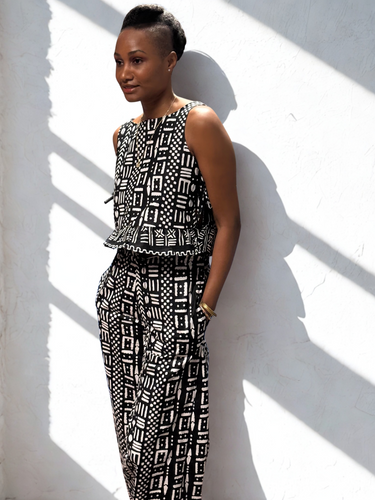 2pc Mud Cloth African Print Sleeveless Ruffle hem top wide leg pant set