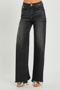 HIGH RISE wide leg frayed hem black jeans