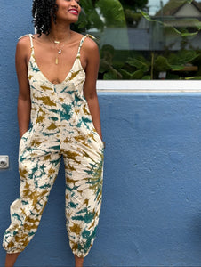 Deep V-NECK spaghetti strap gathered hem pant leg jumpsuit