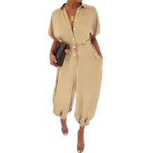 Load image into Gallery viewer, Button down one piece cap sleeve barrel pant jumpsuit