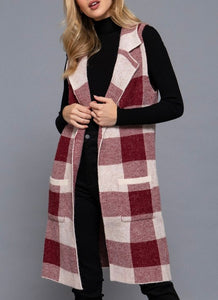 Notched collar buffalo plaid jacquard midi-length sweater vest