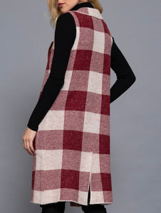 Notched collar buffalo plaid jacquard midi-length sweater vest