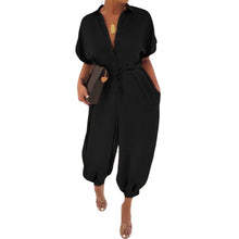 Load image into Gallery viewer, Button down one piece cap sleeve barrel pant jumpsuit