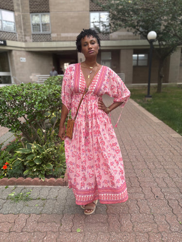 Deep V floral batik maxi dress
