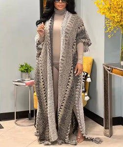 Poncho knitted open front tassel sweater maxi cardigan