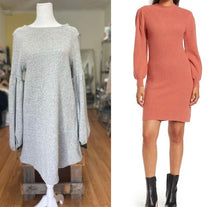 Load image into Gallery viewer, S.Y.L.K. round neck heather grey drop shoulder puff sleeve sweater dress