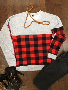 Plaid block invisible zipper sweatshirt