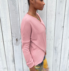 Criss-cross overlap collar thermal sweater knit top