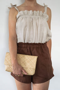 Shoulder Tie Gathered Linen Top