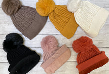 Load image into Gallery viewer, Ribbed cable knit faux fur pom/pom beanie