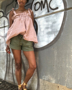 Shoulder Tie Gathered Linen Top