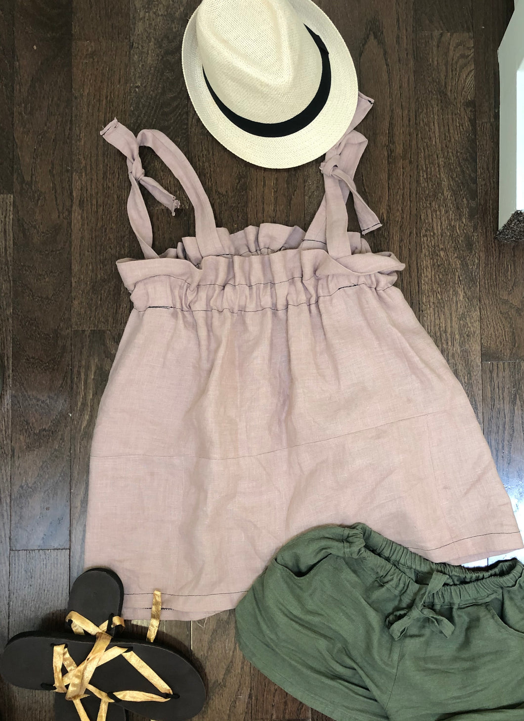 Shoulder Tie Gathered Linen Top
