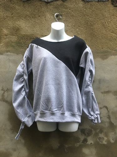 Pull-over scoop-neck invisible zipper embellished color block strip sweatshirt